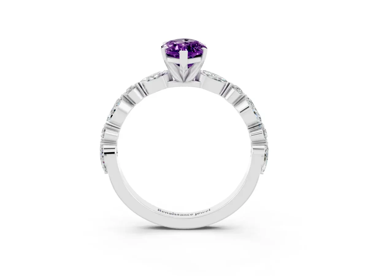Marquise Cut Amethyst Ring with Marquise and Round Side Stones and Four-Prong Setting Silver