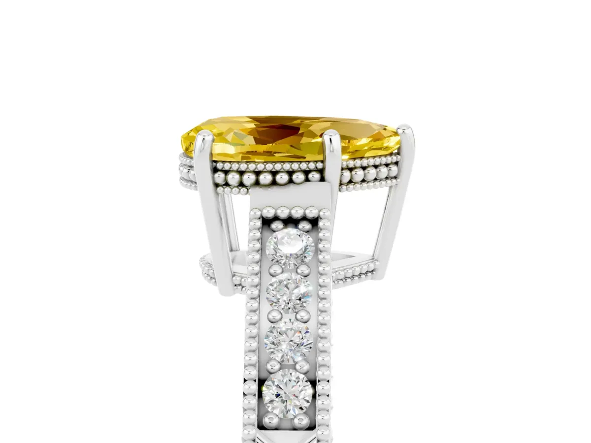 Pear Cut Yellow Sapphire Ring with Milgrain Pavé Band and Four-Prong Setting Platinum
