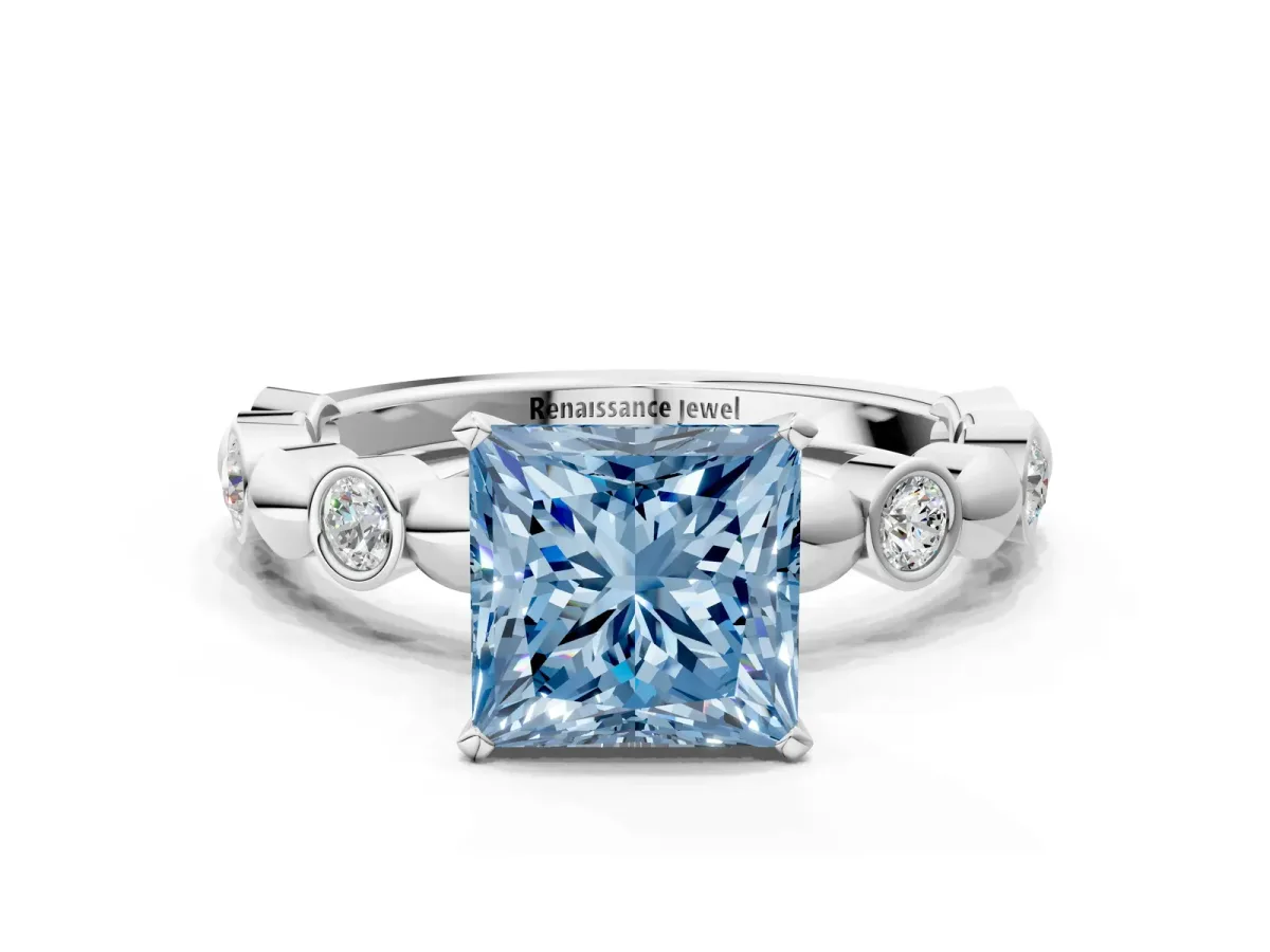 Fancy Blue Princess Cut Solitaire Bezel-Set Diamond Ring with Beaded Band and Four-Prong Setting Silver