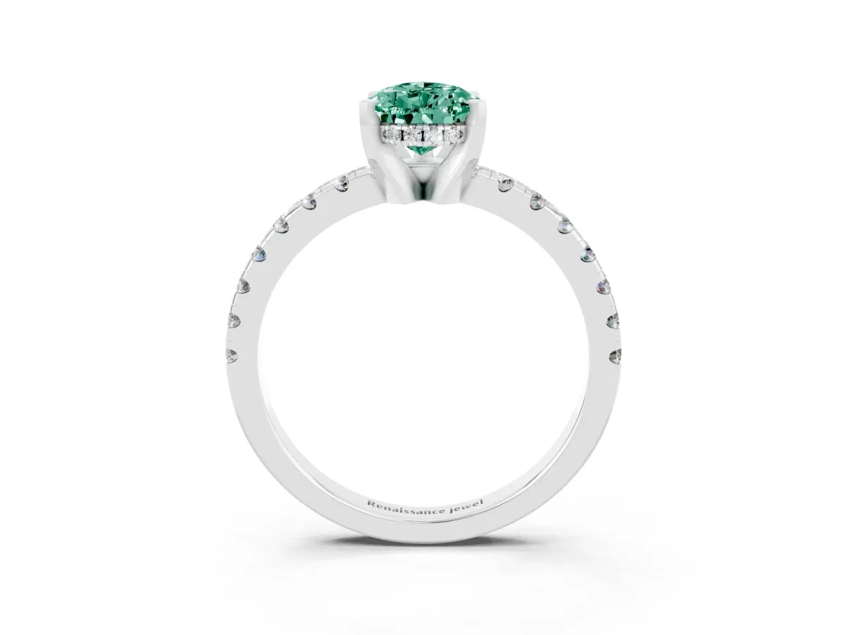 Pear Cut Green Sapphire Solitaire Ring with Round Pavé Band and Four-Prong Setting Silver