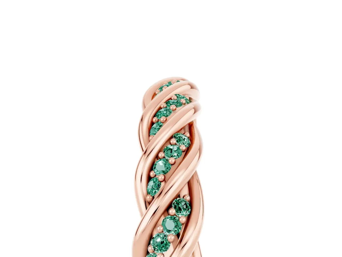 Twisted Pavé Round Green Sapphire Eternity Band with Shared Prong Setting Rose gold