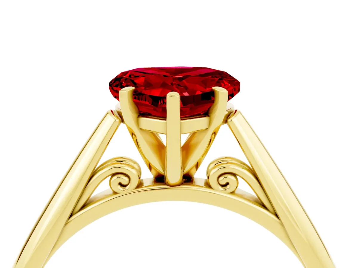 Heart Cut Ruby Solitaire Engagement Ring with Cathedral Setting and Four-Prong Mount Yellow gold