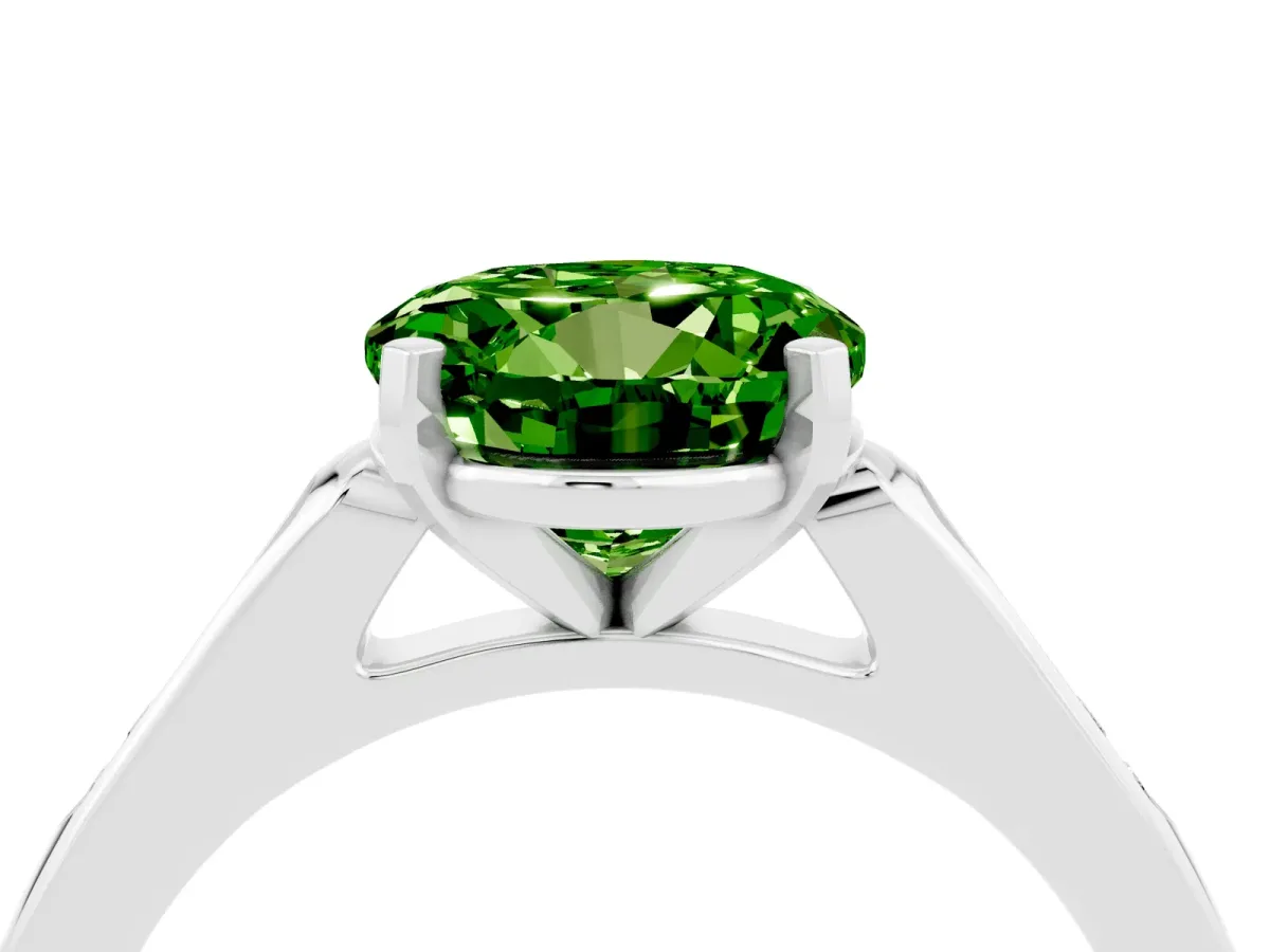 Round Cut Peridot Solitaire Ring with Channel Set Round Band and Prong Setting Platinum