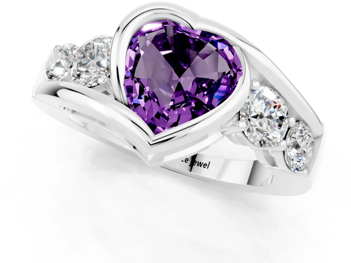Bezel Set Heart Cut Amethyst Bypass Ring with Round Accents Platinum