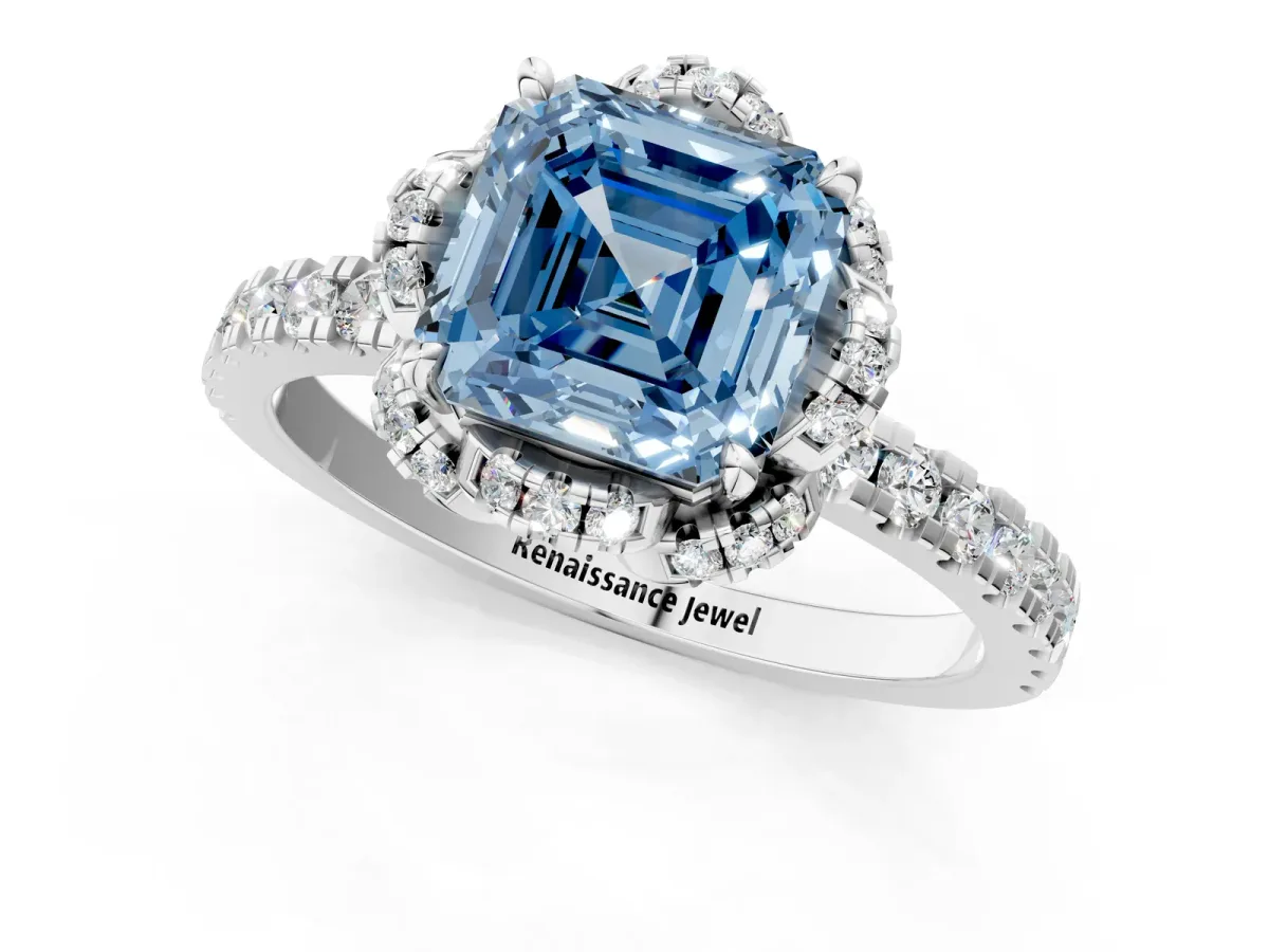 Fancy Blue Asscher Cut Halo Diamond Pave Band Ring with Four-Prong Setting Platinum