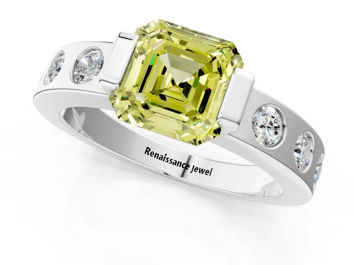 Fancy Yellow Asscher Cut Brilliant Channel-Set Diamond Ring with Bezel Prong Setting Platinum