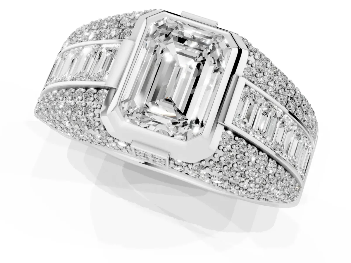 Emerald Cut Diamond Mens Ring with Side Stones White gold