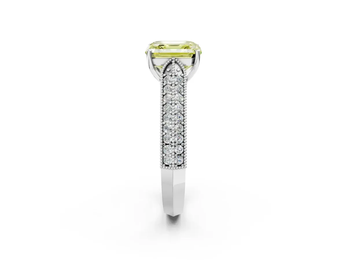 Fancy Yellow Asscher Cut Cut Pave Split Shank Engagement Ring with Four-Prong Setting Platinum