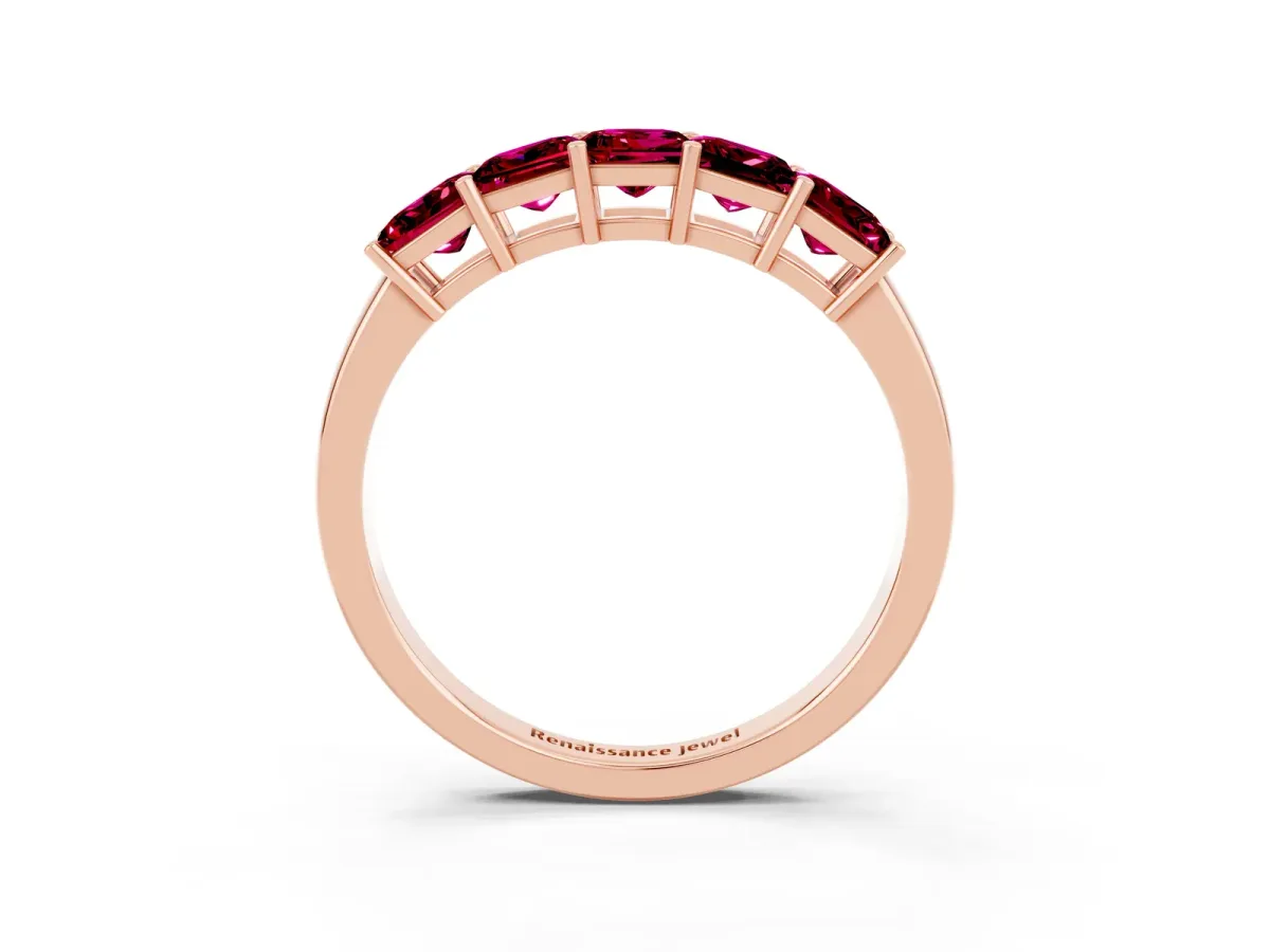 Princess Cut Five-Stone Garnet Band with Prong Setting Rose gold