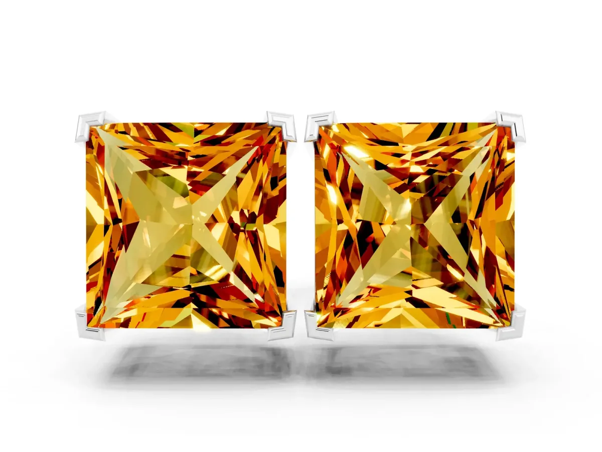 Princess Cut Citrine Stud Earrings Silver