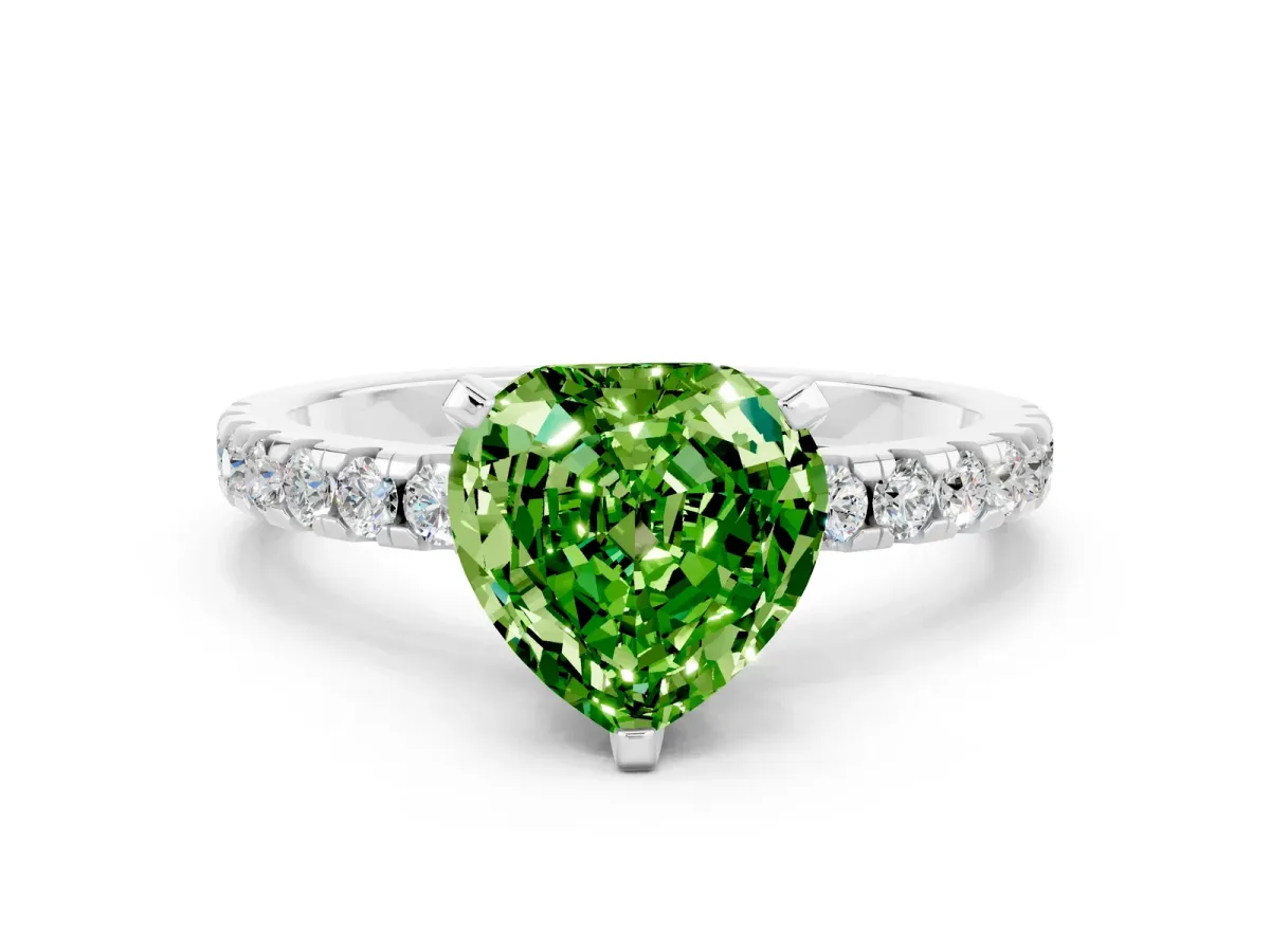 Heart Cut Peridot Solitaire Ring with Round Pavé Band and Four-Prong Setting Silver