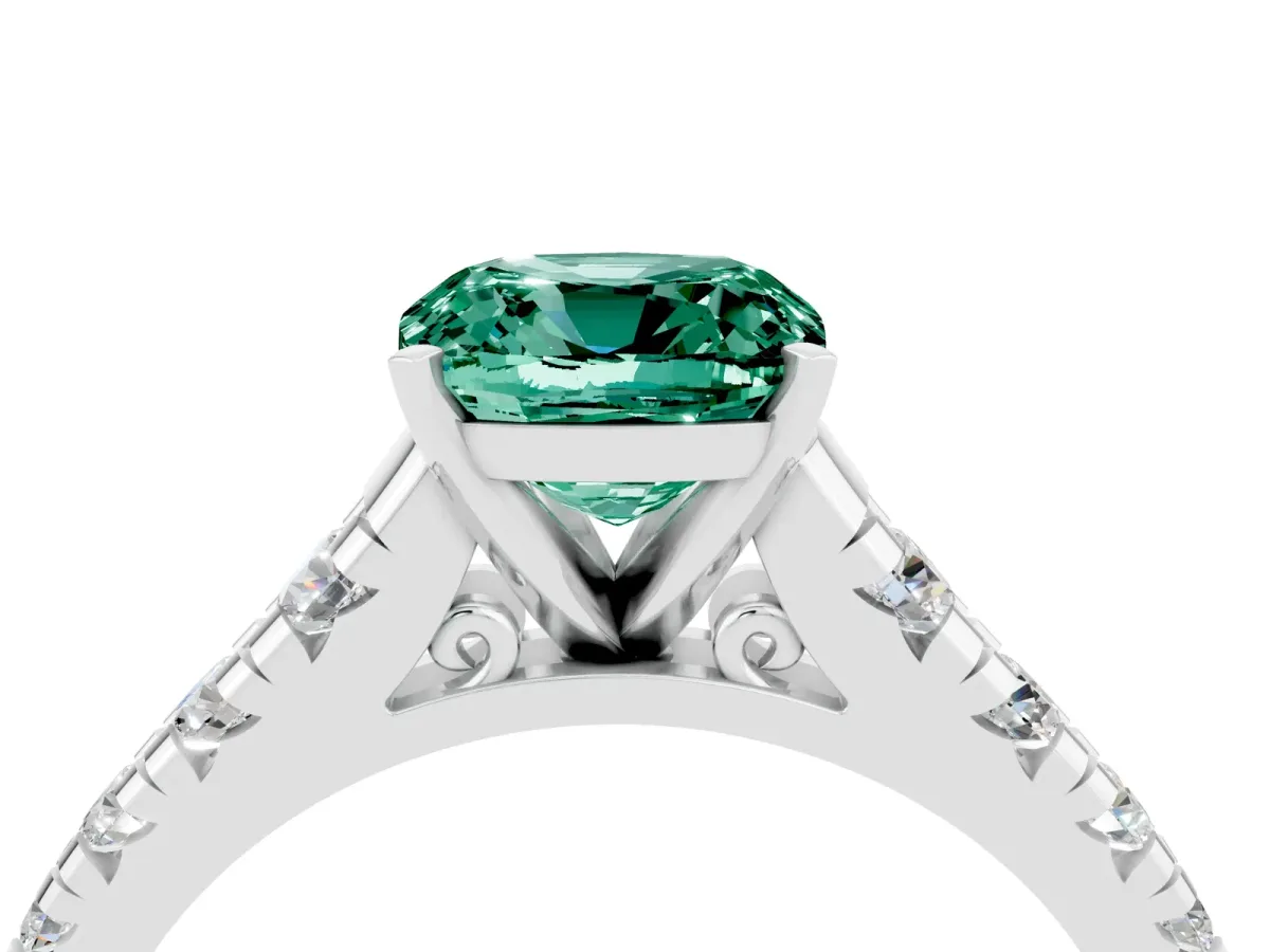 Cushion Cut Green Sapphire Cathedral Solitaire Ring with Round Pavé Band Silver