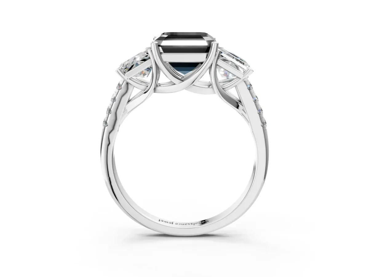 Fancy Black Three-Stone Asscher Cut Diamond Ring with Round Pavé Band and Prong Setting White gold