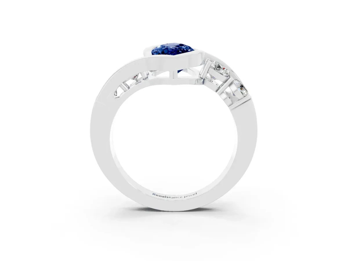 Bezel Set Marquise Cut Blue Sapphire Bypass Ring with Round Accents Silver