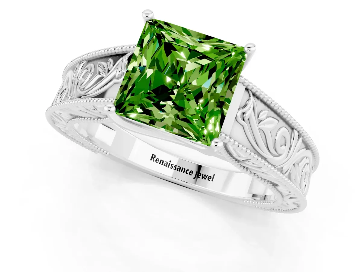 Princess Cut Peridot Solitaire Ring with Engraved Band and Four-Prong Setting White gold