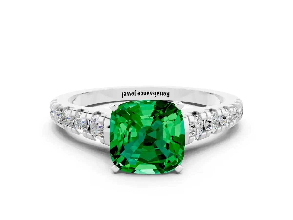 Cushion Cut Emerald Cathedral Solitaire Ring with Round Pavé Band Platinum