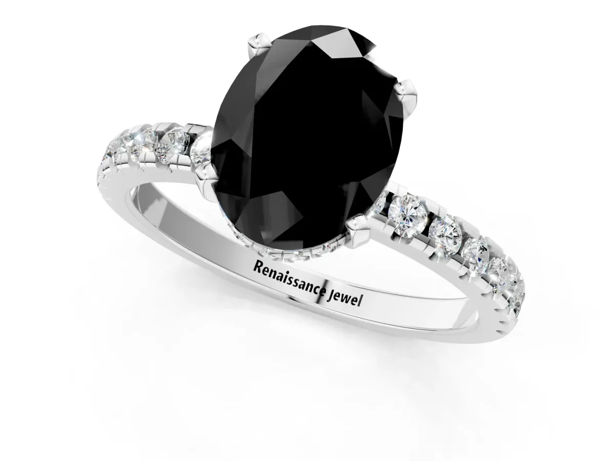Fancy Black Oval Cut Diamond Solitaire Ring with Round Pavé Band and Four-Prong Setting Silver