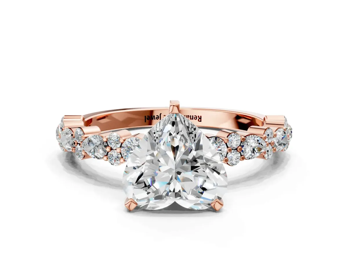 Heart Cut Diamond Side Stone Solitaire Ring with Round and Four-Prong Setting Rose gold