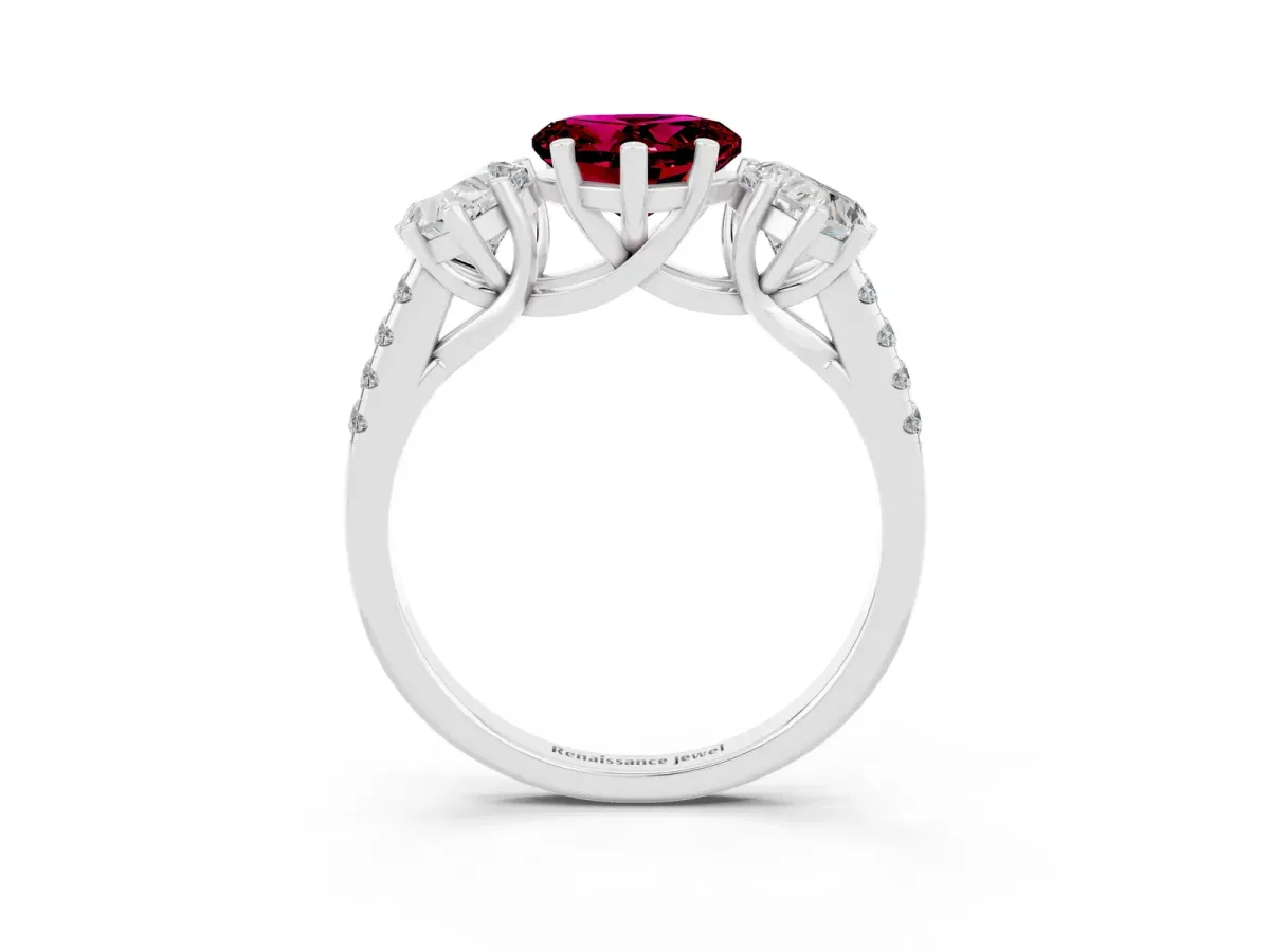 Three-Stone Heart Cut Garnet Ring with Round Pavé Band and Prong Setting Silver