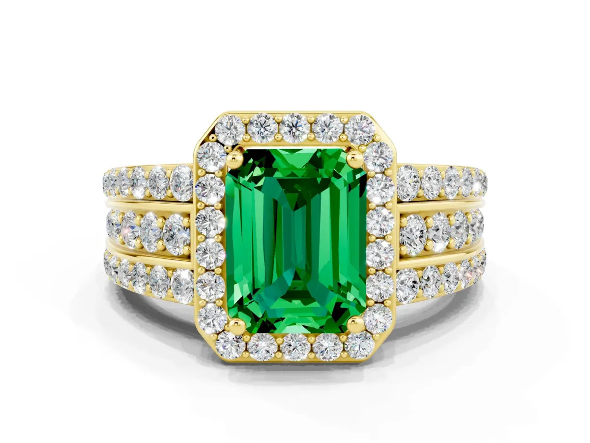 Emerald Cut Halo Emerald Ring with Round Split Shank and Prong Setting Yellow gold