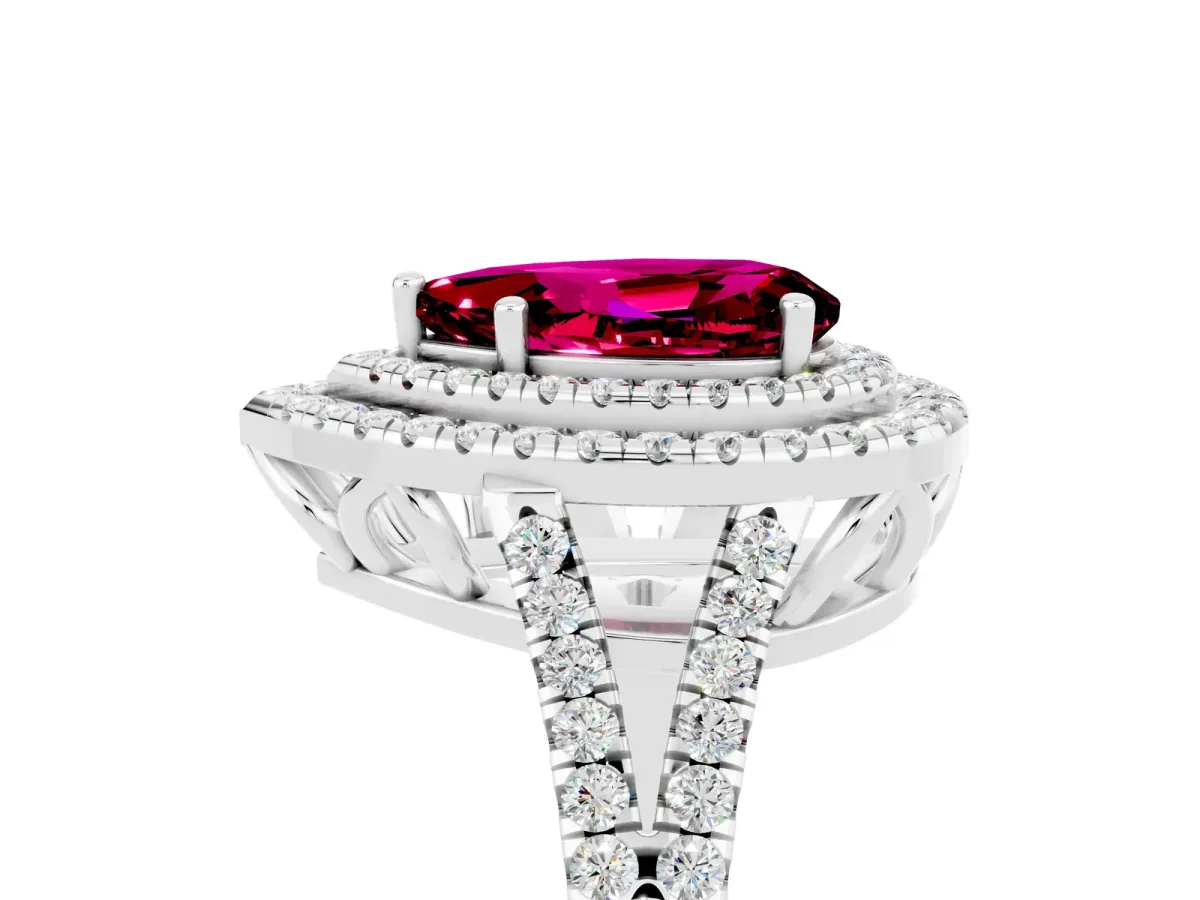 Pear Cut Garnet Double Halo Ring with Pavé Band and Prong Setting Silver
