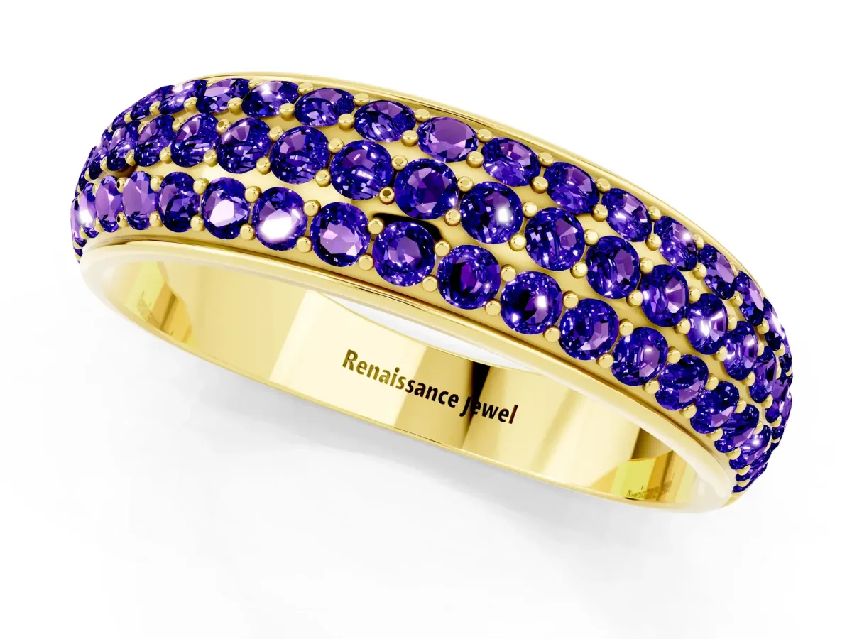 Three-Row Round Tanzanite Eternity Band with Shared Prong Setting Yellow gold