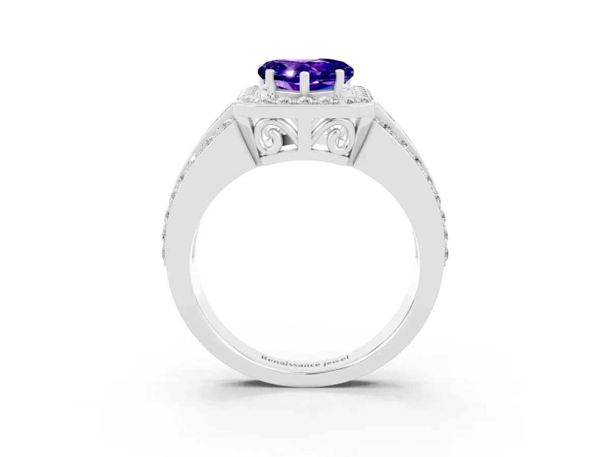 Heart Cut Halo Tanzanite Ring with Round Split Shank and Prong Setting Platinum