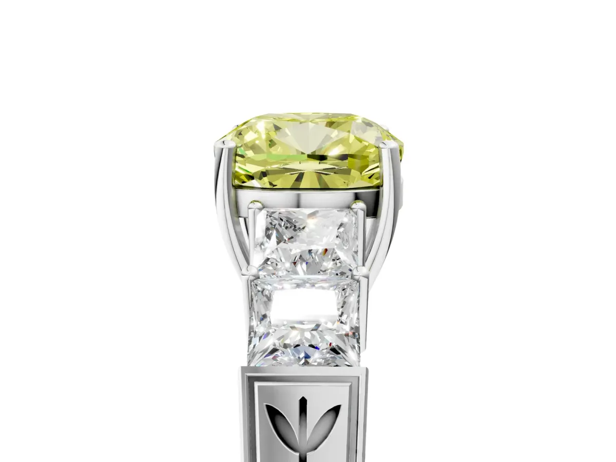 Fancy Yellow Cushion Cut Solitaire Princess Side Stone Engraved Band Prong Setting Ring Silver