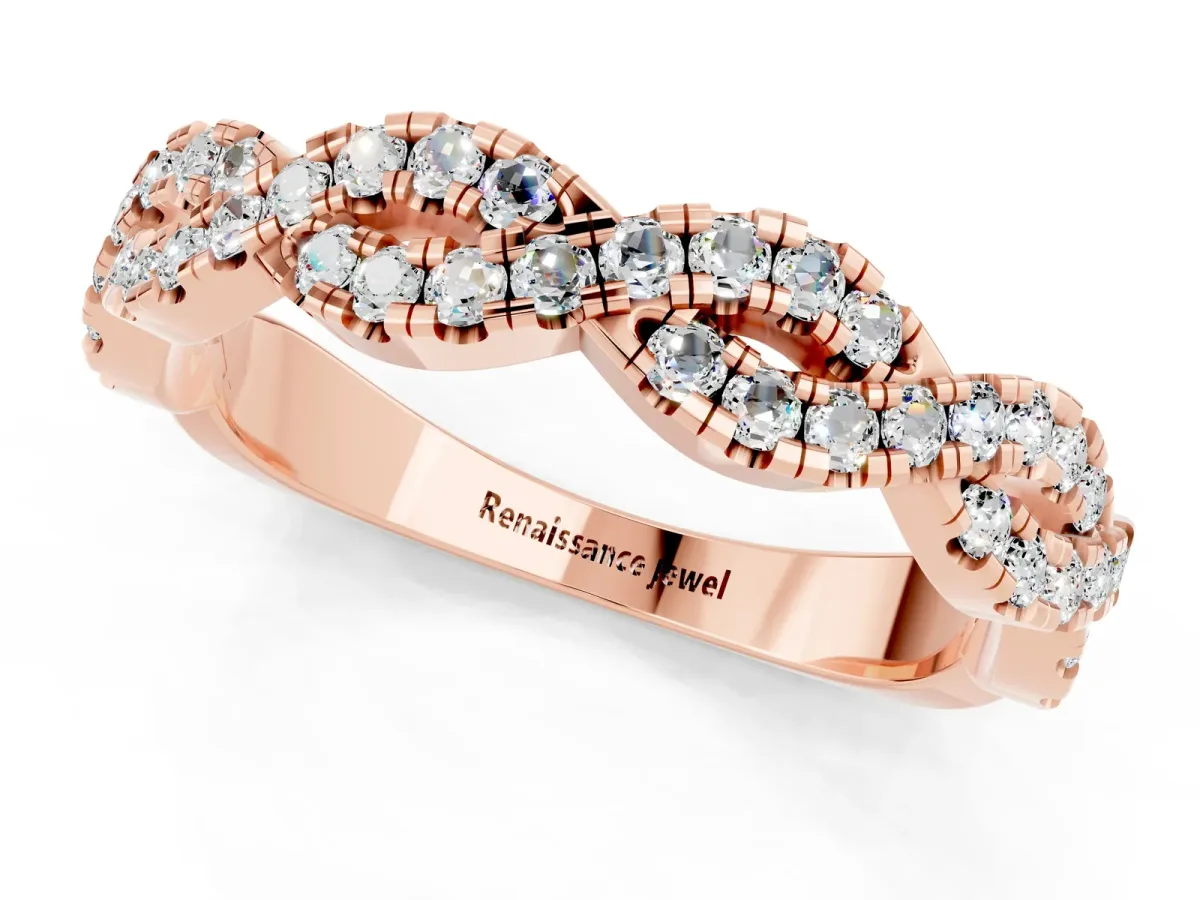 Round Moissanite Twisted Eternity Band with Pavé and Shared Prong Setting Rose gold