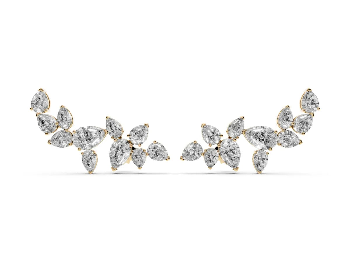 Pear Diamond Curved Cluster Climber Earrings Yellow gold