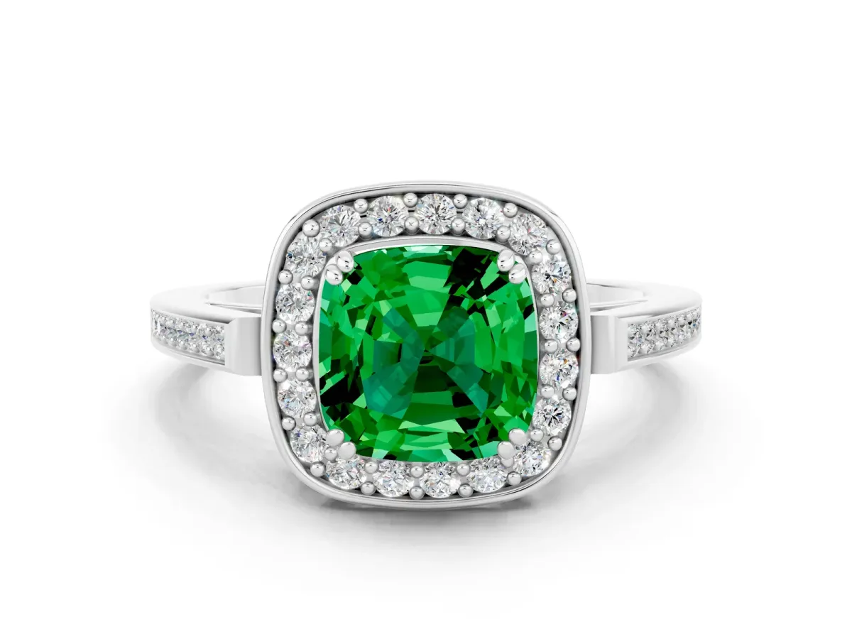 Cushion Cut Emerald Halo Ring with Split Shank and Four-Prong Setting White gold