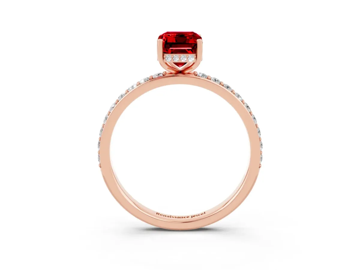 Emerald Cut Ruby Solitaire Ring with Pavé Band and Hidden Halo Rose gold