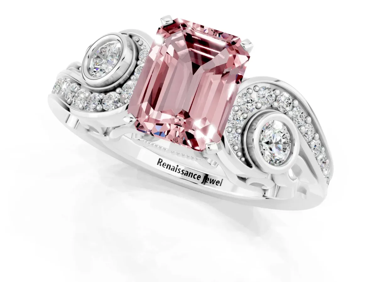 Emerald Cut Morganite Solitaire Ring with Milgrain Pavé Band and Four-Prong Setting Silver
