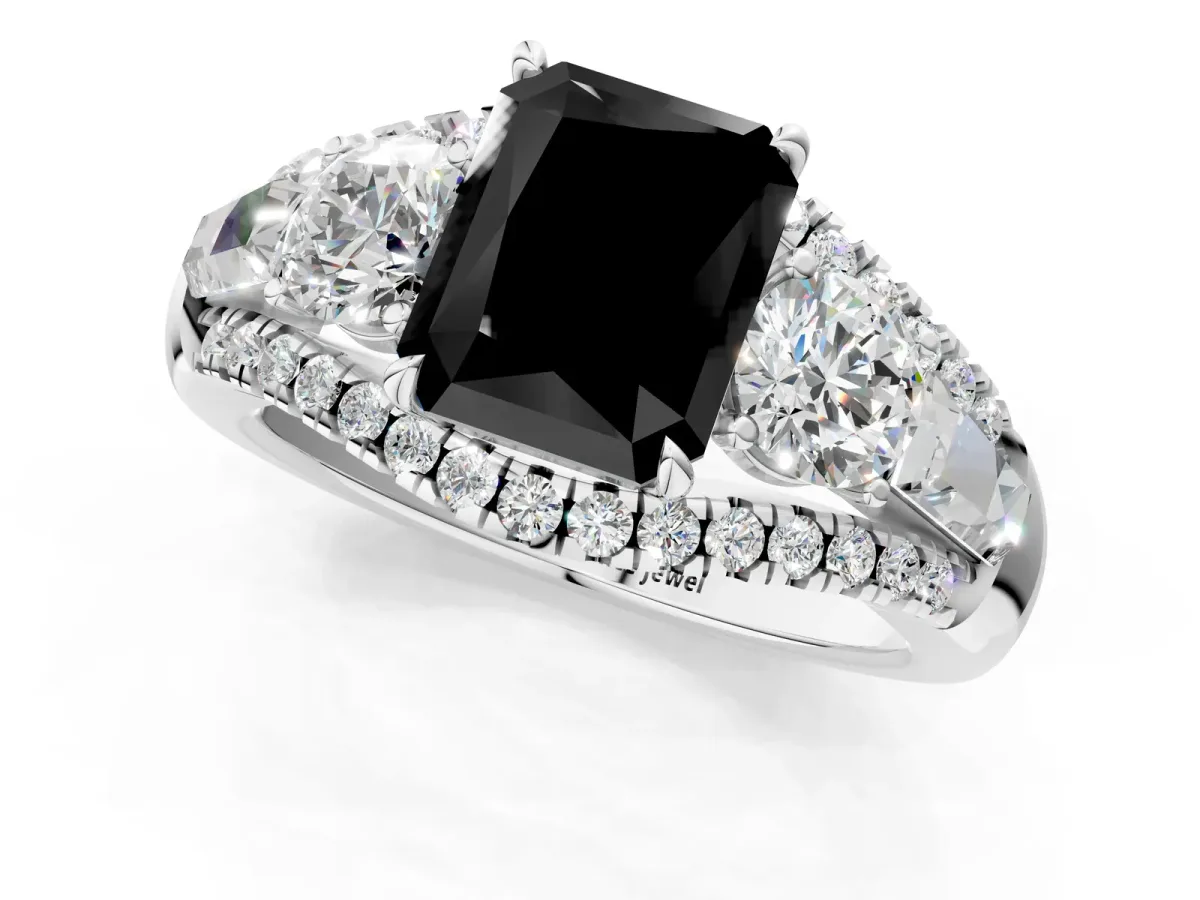 Fancy Black Three-Stone Radiant Cut Diamond Engagement Ring with Pave Band and Prong Setting Platinum