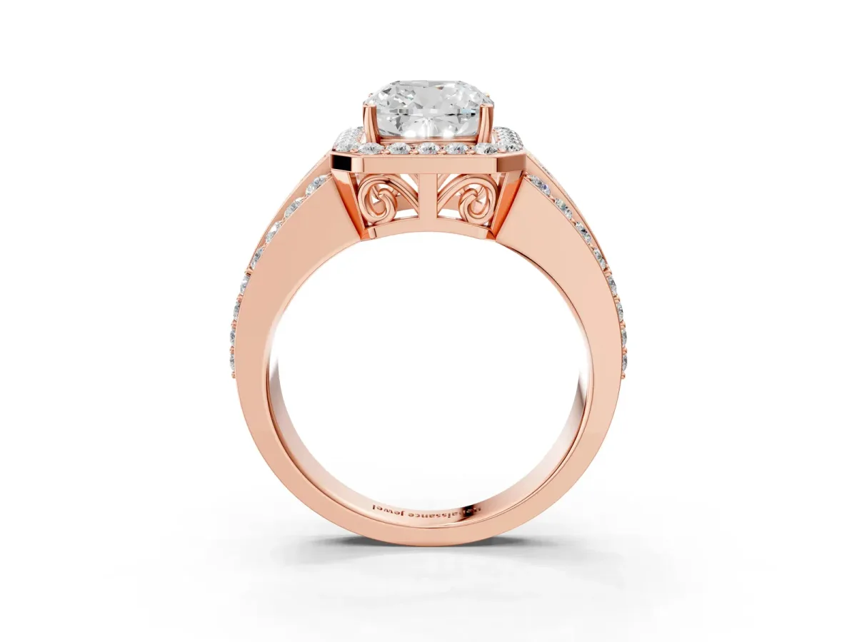 Cushion Cut Halo Diamond Ring with Round Split Shank and Prong Setting Rose gold