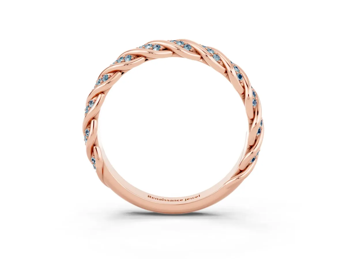 Twisted Pavé Round Aquamarine Eternity Band with Shared Prong Setting Rose gold