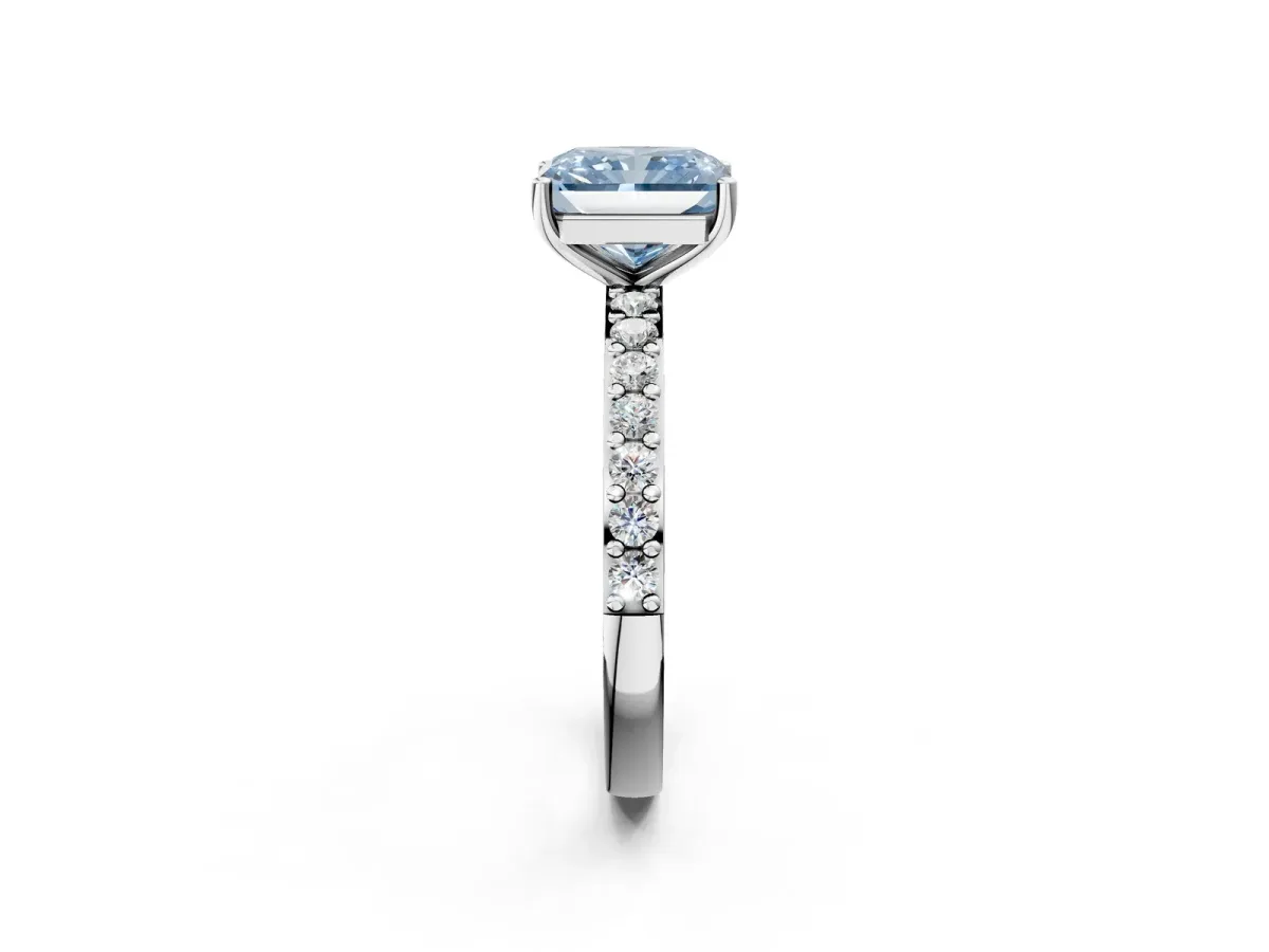 Fancy Blue Radiant Cut Cut Diamond Solitaire with Pave Band and Four-Prong Setting Platinum
