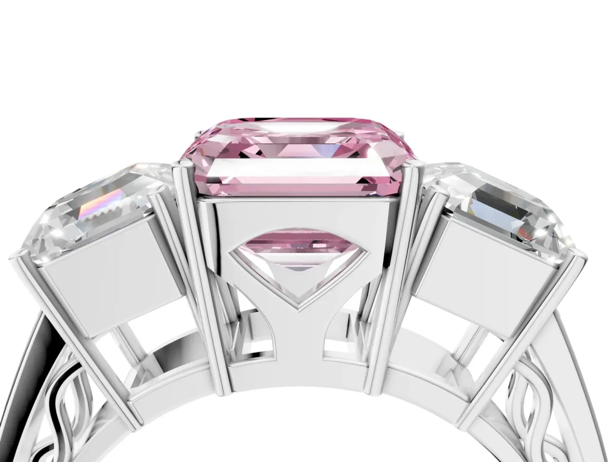 Fancy Pink Asscher Cut Diamond Three-Stone Ring with Prong Setting and Textured Band Platinum