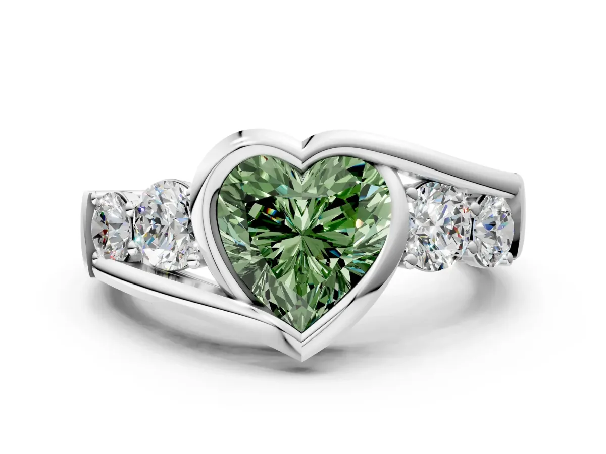 Fancy Green Bezel Set Heart Cut Diamond Bypass Ring with Round Accents Silver