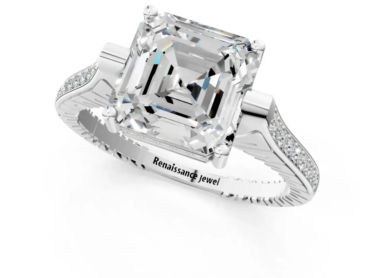 Asscher Cut Solitaire Diamond Ring with Channel Set Band and Bezel Prong Setting Platinum
