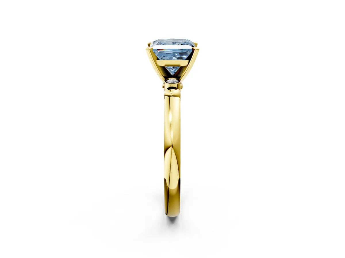 Fancy Blue Princess Cut Solitaire Beaded Band with Four-Prong Setting Yellow gold