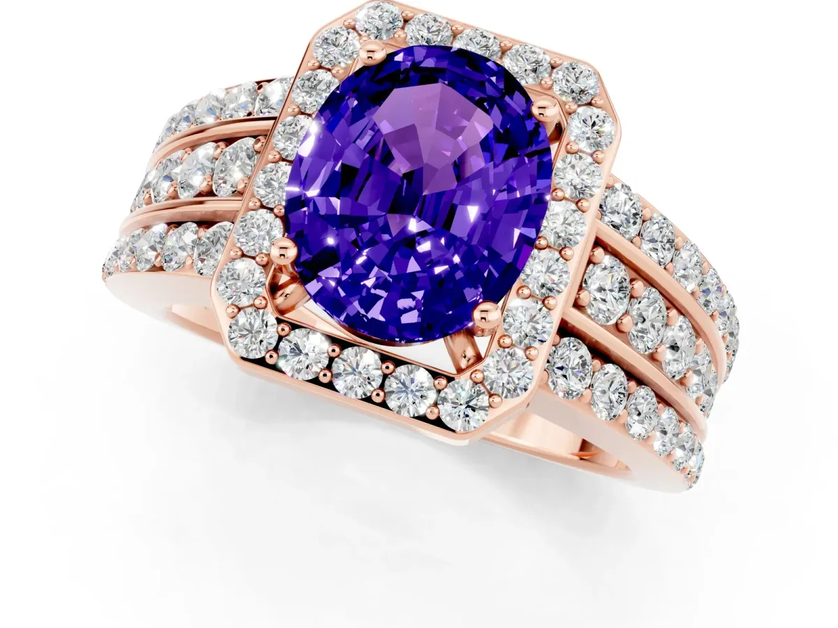 Oval Cut Halo Tanzanite Ring with Round Split Shank and Prong Setting Rose gold