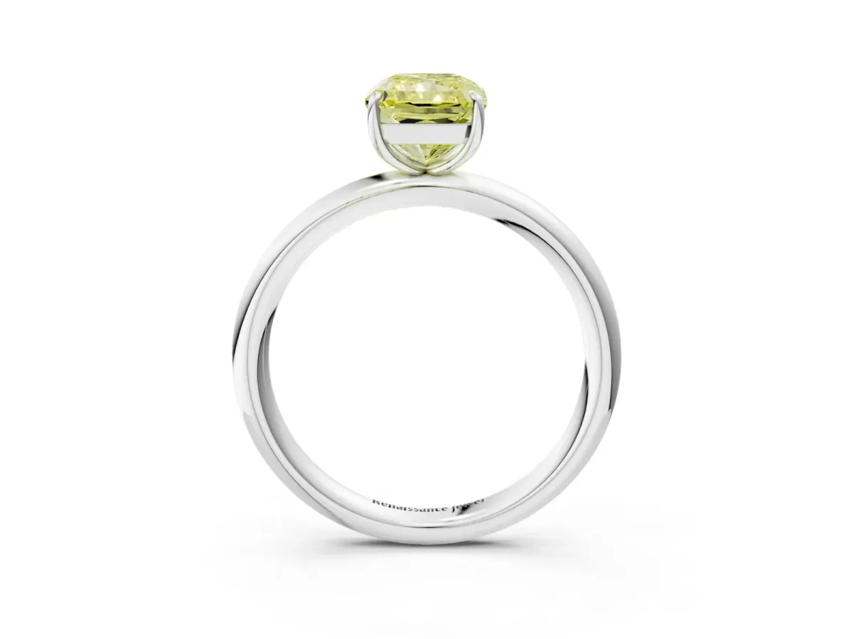 Fancy Yellow Radiant Cut Solitaire Diamond Ring with Four-Prong Setting on a Plain Band Platinum