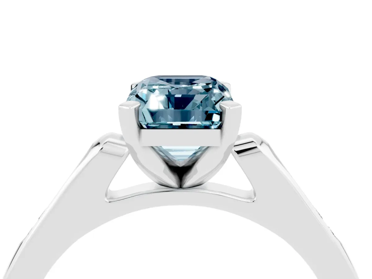 Emerald Cut Aquamarine Solitaire Ring with Channel Set Round Band and Prong Setting Silver