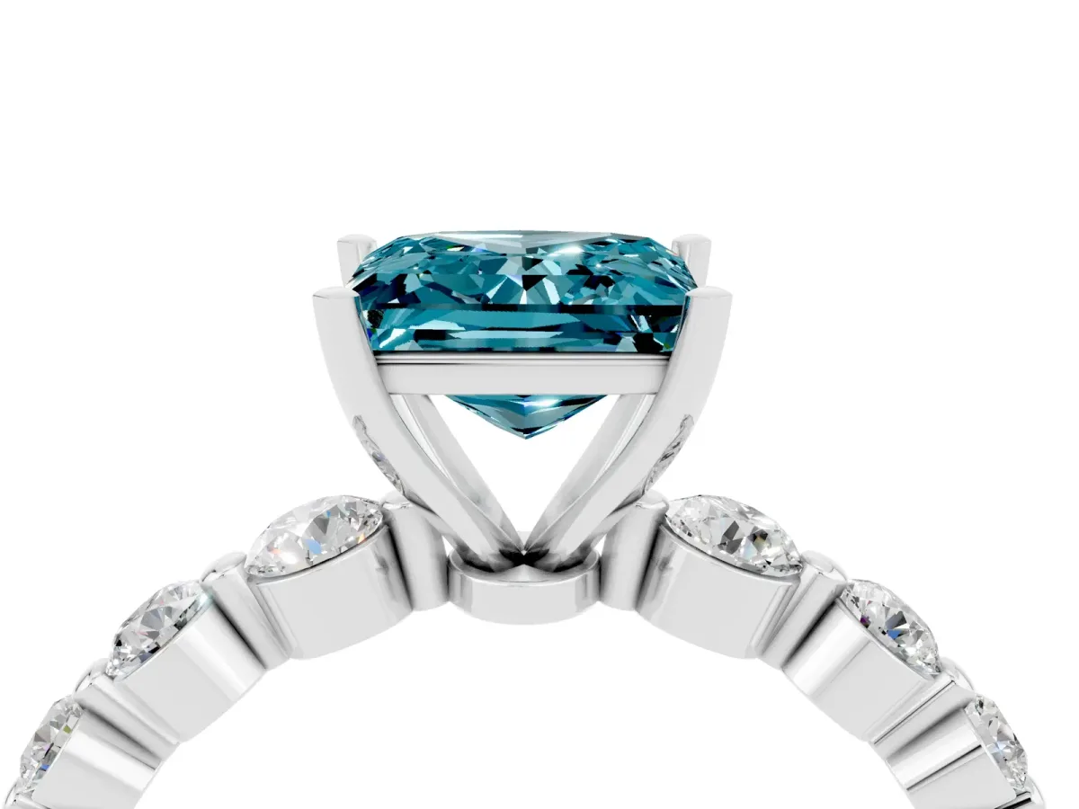 Princess Cut Solitaire Blue Topaz Ring with Pave Band and Four-Prong Setting Silver