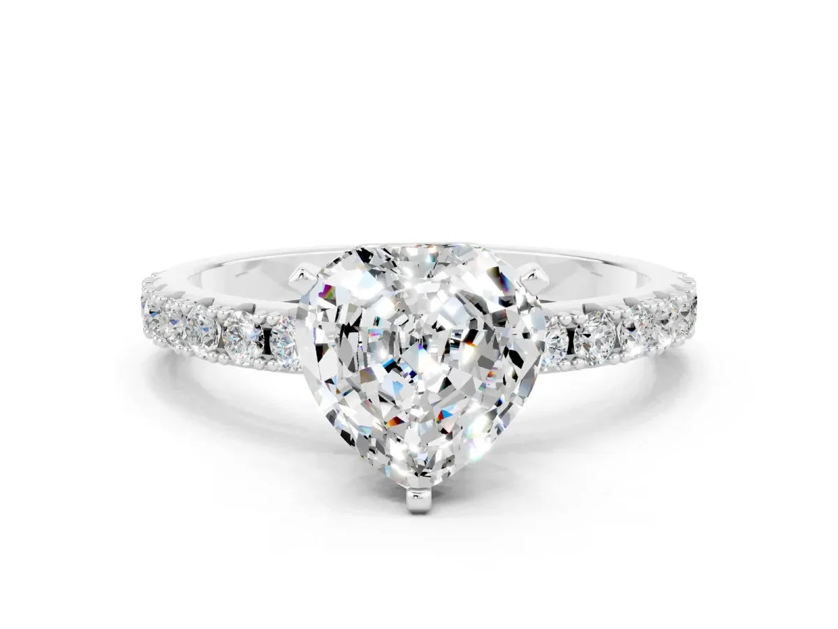 Heart Cut Moissanite Solitaire Pavé Band with Four-Prong Setting Silver
