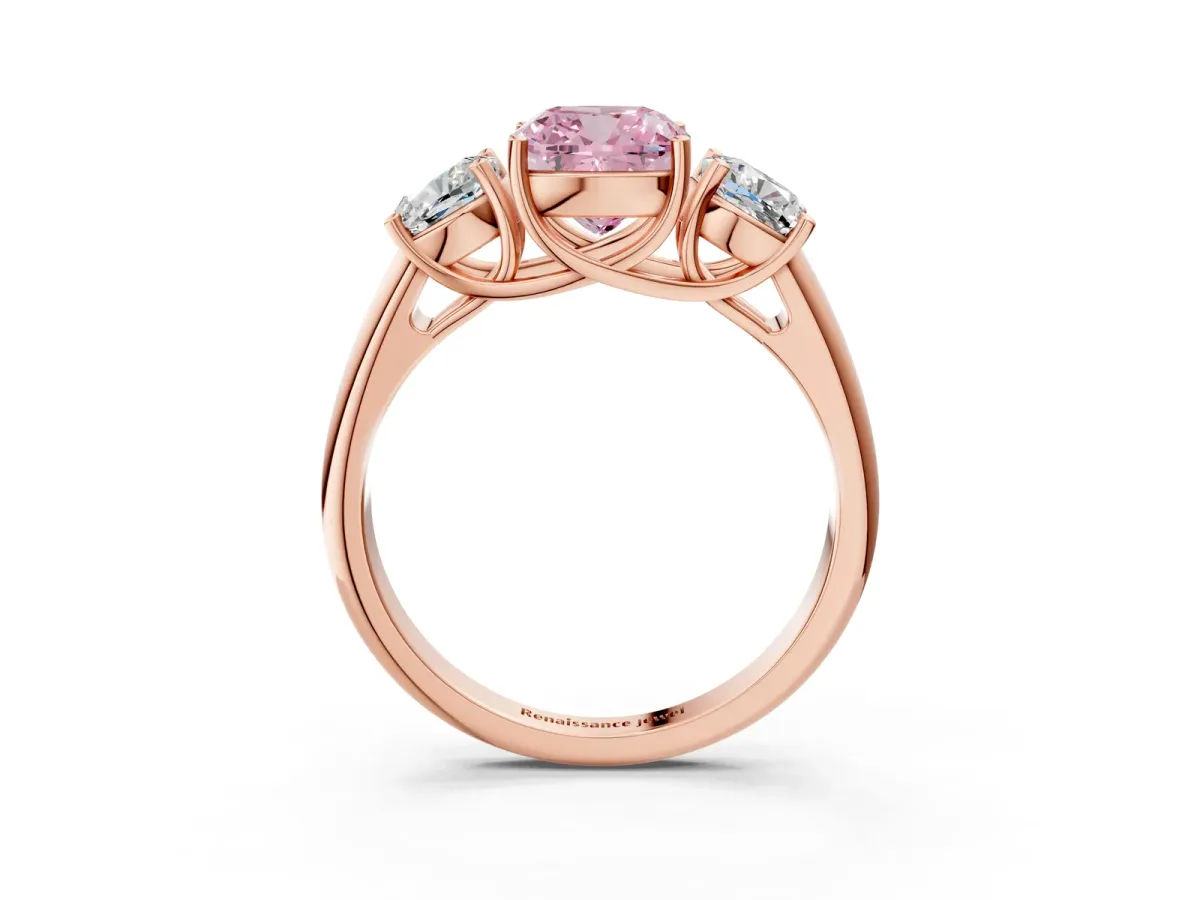 Fancy Pink Three-Stone Cushion Cut Diamond Engagement Ring with Prong Setting Rose gold