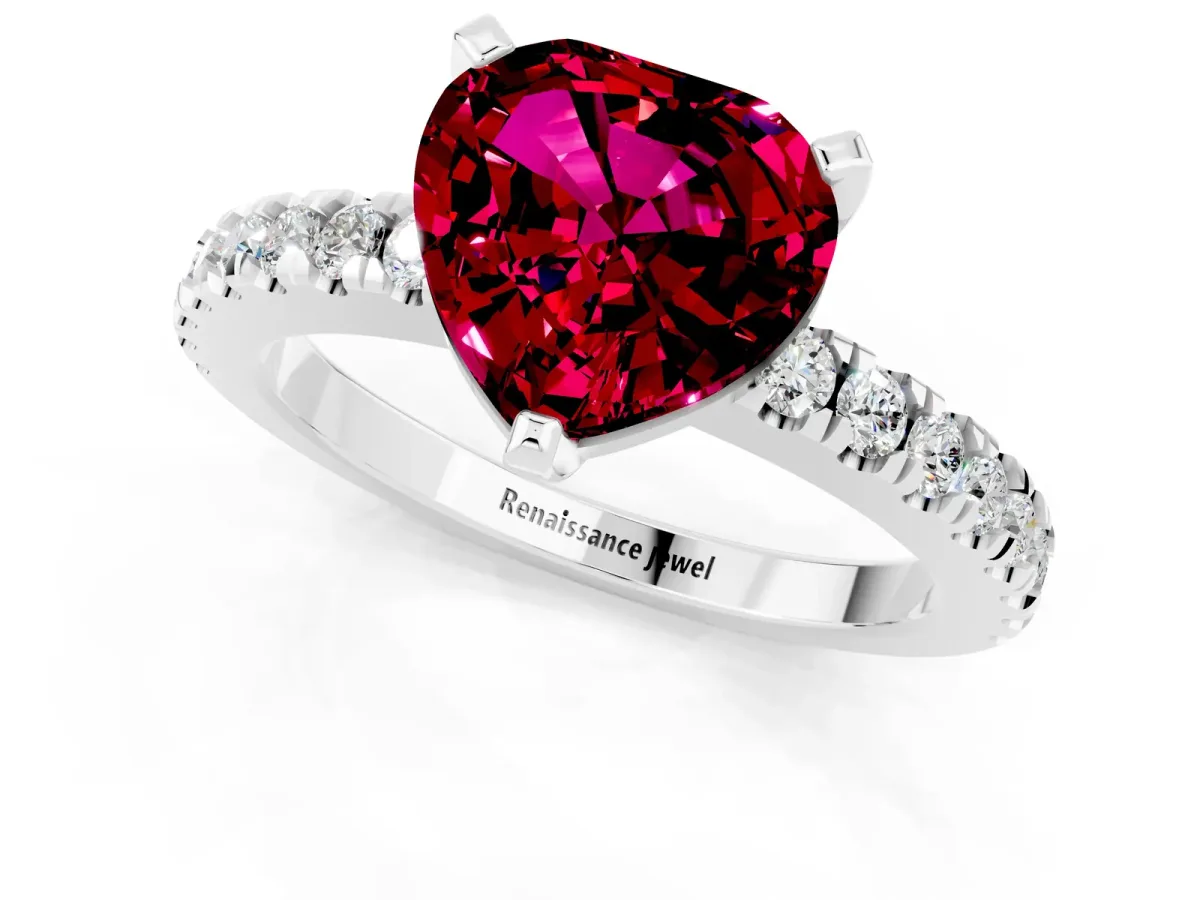 Heart Cut Solitaire Garnet with Pavé Band and Four-Prong Setting Silver