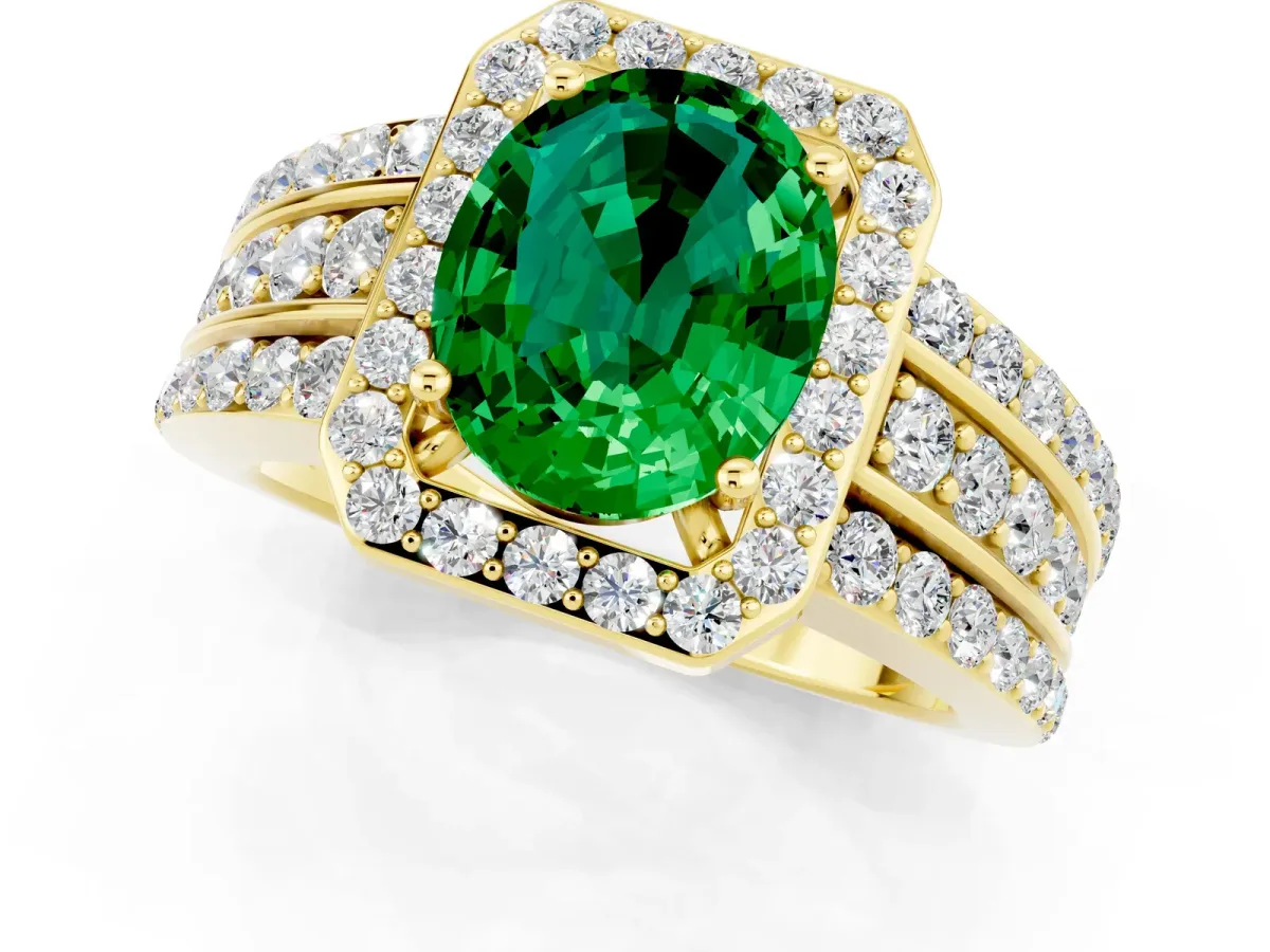 Oval Cut Halo Emerald Ring with Round Split Shank and Prong Setting Yellow gold