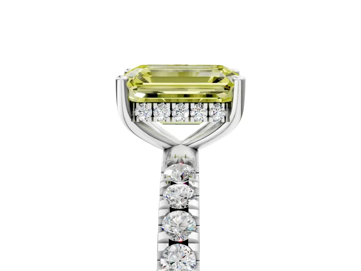 Fancy Yellow Emerald Cut Diamond Pave Band Solitaire Ring with Round and Prong Setting Silver